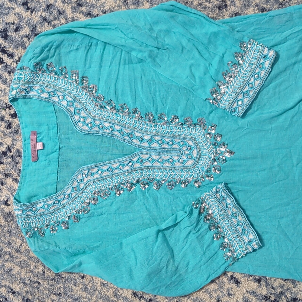 Calypso St Barth XS cotton and beaded turquoise tunic blouse light fabric v neck